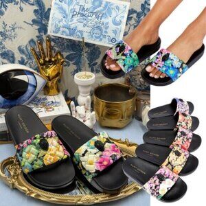 🆕 KURT GEIGER LONDON 🧿 NWOB Meena Eagle Black Floral Print Slides, Sz 38 US7.5